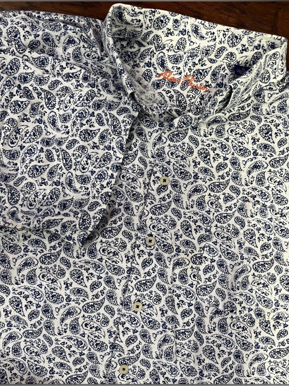 Alan Flusser Men’s Shirt XL button down short sleeve blue paisley 100% cotton